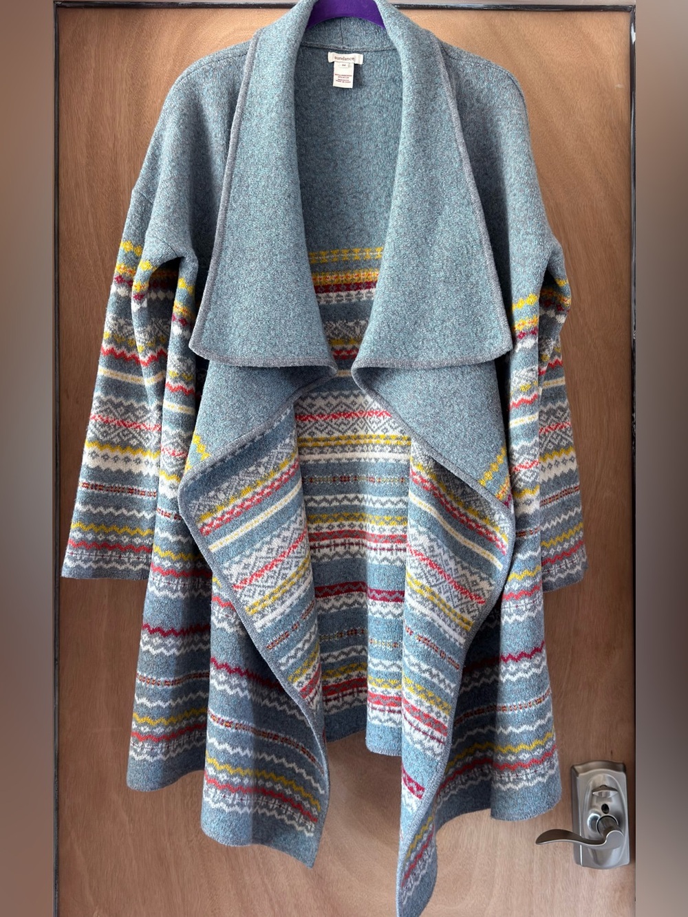 Sundance Lambswool Fair Isle Waterfall Cardigan Blue Gray Women’s M Open Front